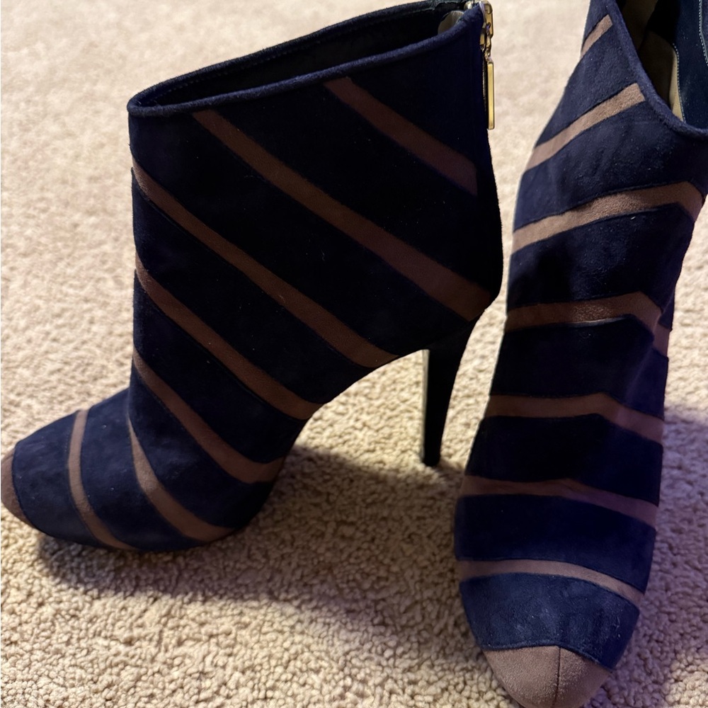 Bruno Magli Navy and Brown Striped Suede Pointed Toe Ankle Booties